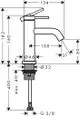 Hansgrohe Standventil mit Hebelgriff, geeignet für Kaltwasser oder vorgemischtes Wasser, keine Ablaufgarnitur. Konstruktionsgrafik mit Abmessungen und Anschlussdetails.